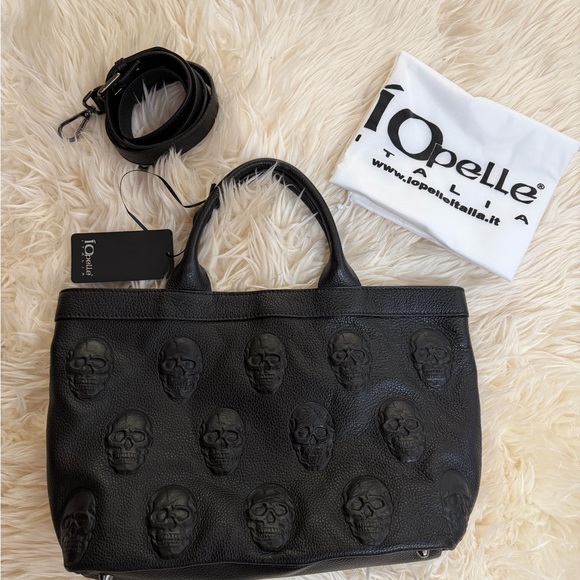 Opelle Handbags - IOpelle Italia Black Leather Embossed Skull
Tote With Crossbody Strap